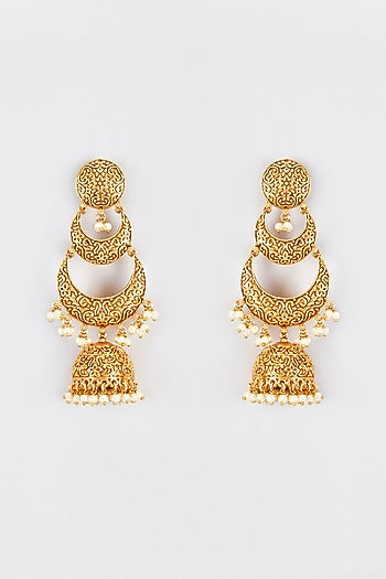 Gold Finish Kundan Polki & Pearl Temple Jhumka Earrings