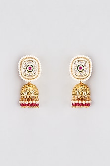 Gold Finish Kundan Polki & Red Beaded Temple Jhumka Earrings