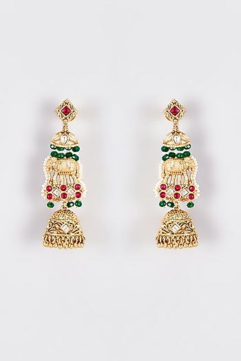 Gold Finish Kundan Polki Temple Jhumka Earrings
