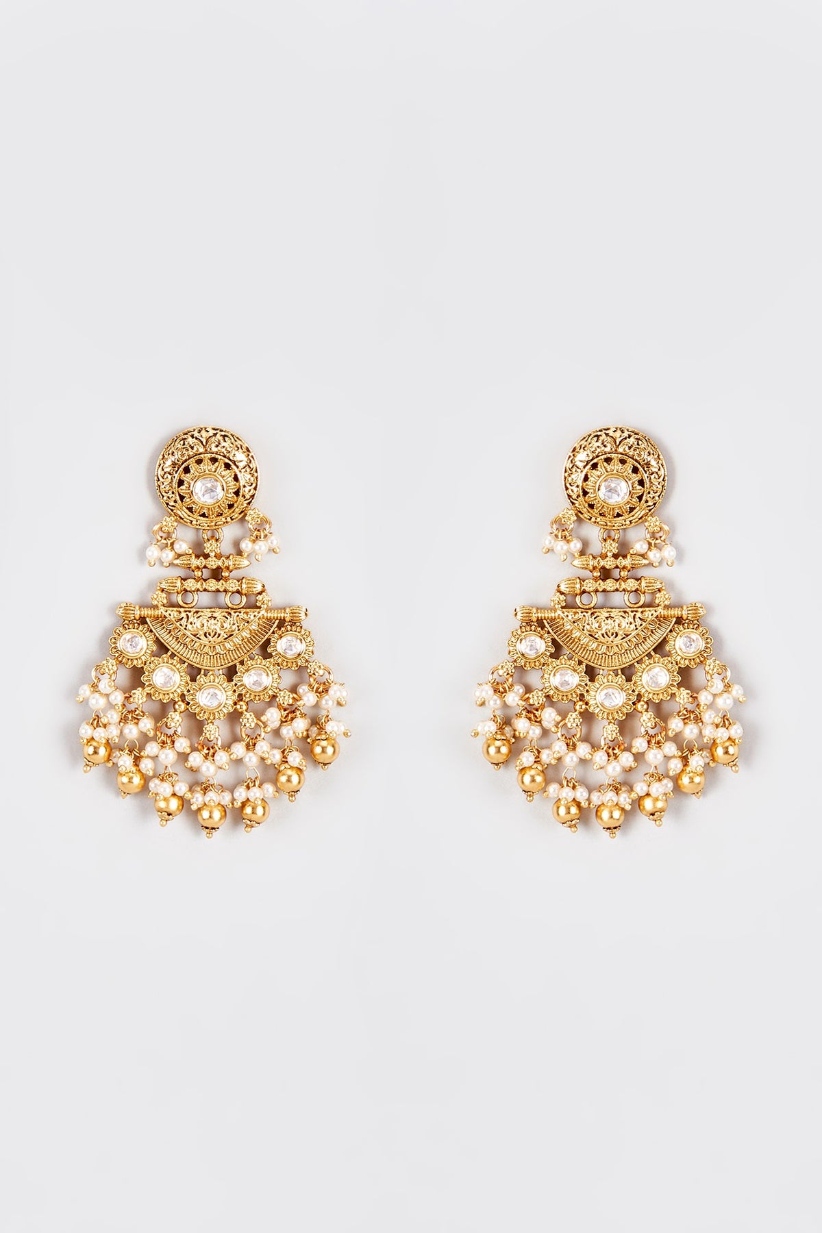 Gold Finish Kundan Polki Temple Dangler Earrings With Pearls