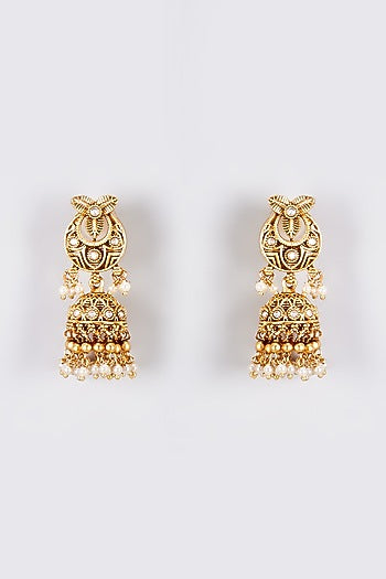 Gold Finish Kundan Polki Temple Jhumka Earrings