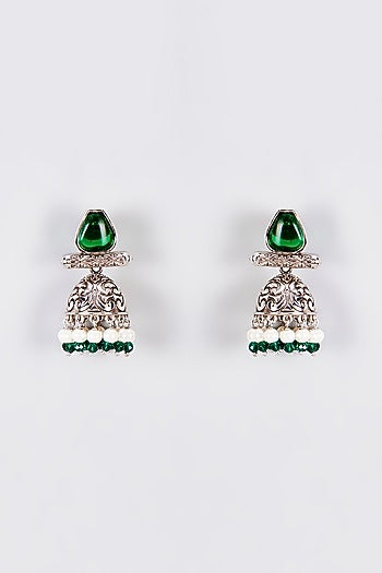 White Finish Kundan Polki & Green Stone Jhumka Earrings