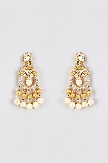 Gold Finish Kundan Polki & Pearl Temple Dangler Earrings