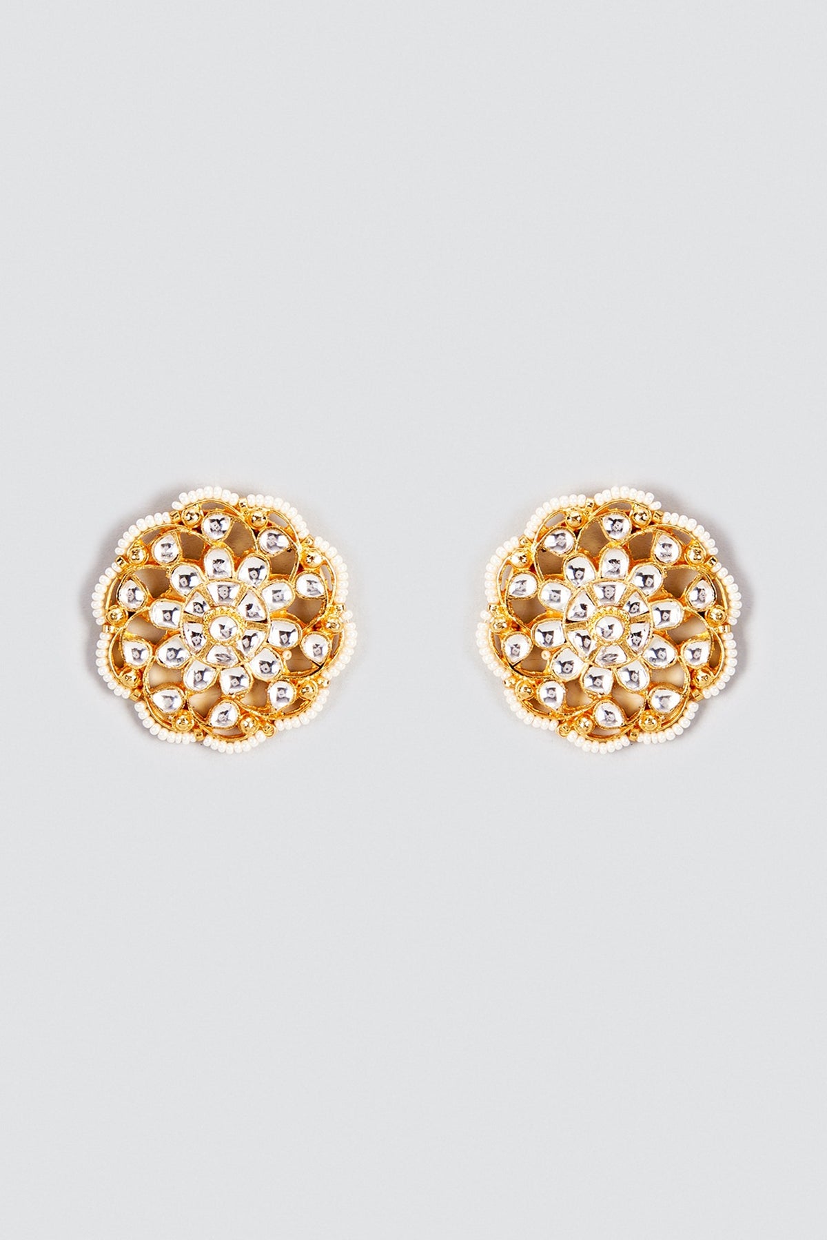 Gold Finish Kundan Polki & Pearl Stud Earrings
