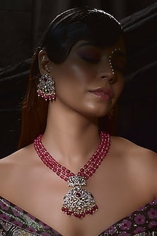 Gold Finish Kundan Polki & Pink Stone Long Necklace Set