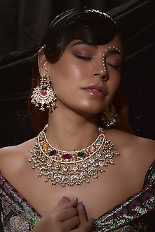 Gold Finish Kundan Polki & Multi-Colored Stones Necklace Set
