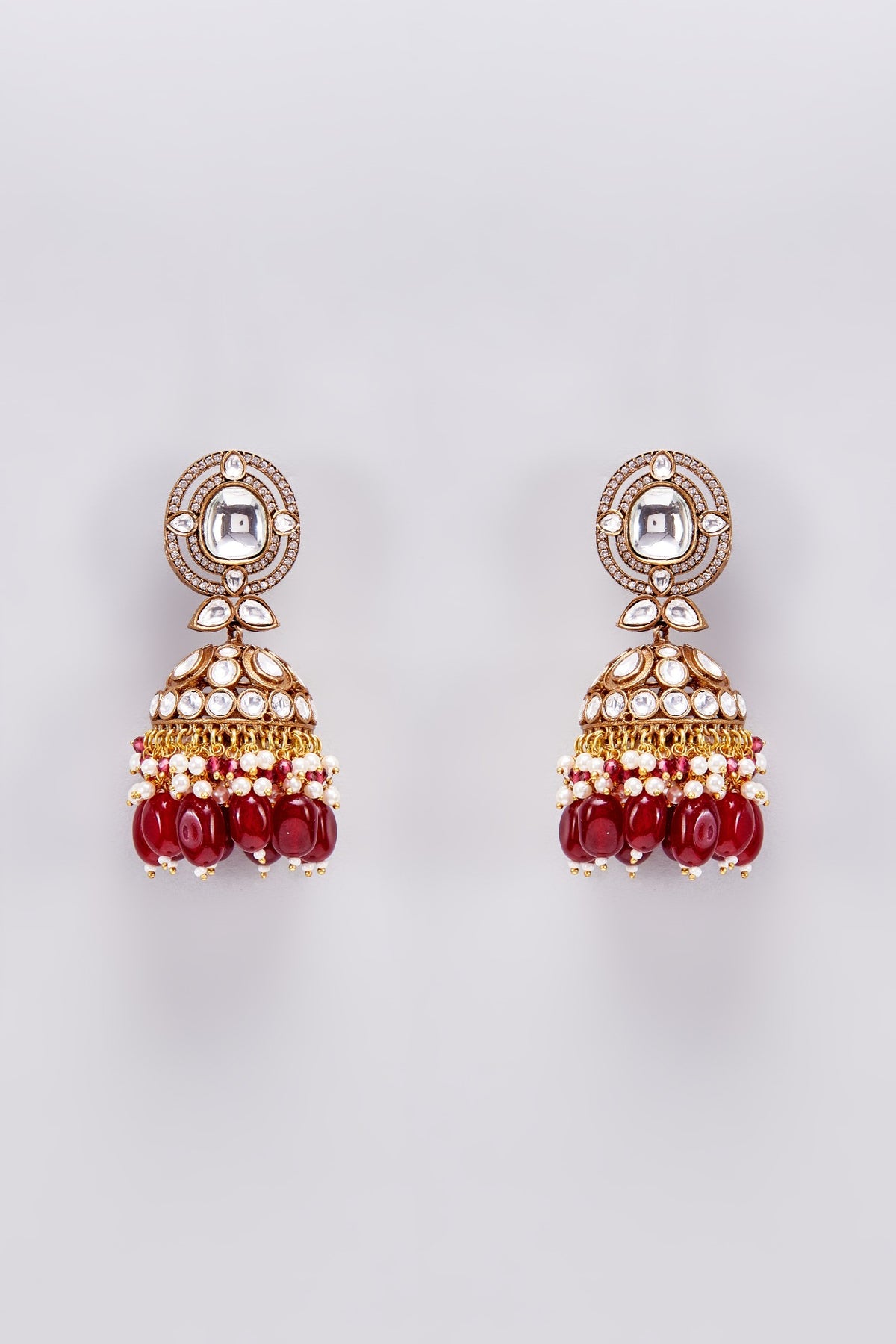 Gold Finish Kundan Polki & Red Beaded Jhumka Earrings