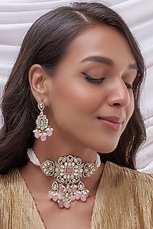 Two Tone Finish Kundan Polki & Pink Stone Choker Necklace Set