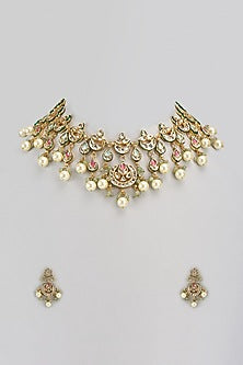 Gold Finish Kundan Polki & Multi-Colored Stone Necklace Set