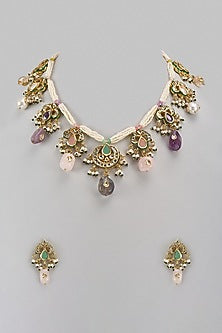 Gold Finish Kundan Polki & Multi-Colored Stone Necklace Set