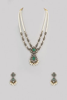 Gold Finish Kundan Polki & Green Stone Long Necklace Set