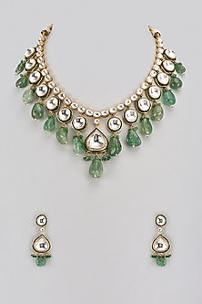Gold Finish Kundan Polki & Green Stone Necklace Set