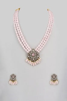 Gold Finish Kundan Polki & Pink Stone Long Necklace Set