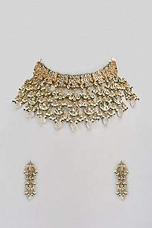 Gold Finish Kundan Polki & Green Stone Choker Necklace Set