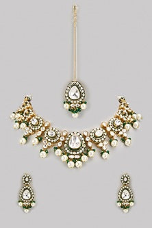 Gold Finish Kundan Polki & Green Stone Necklace Set