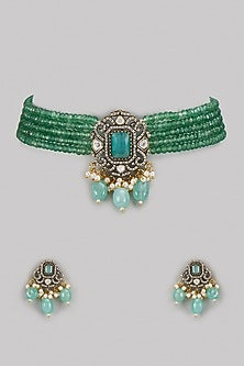 Gold Finish Kundan Polki & Green Stone Choker Necklace Set