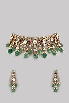 Gold Finish Kundan Polki & Green Stone Choker Necklace Set