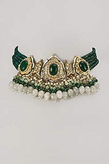 Gold Finish Emerald Synthetic Stone Choker Necklace
