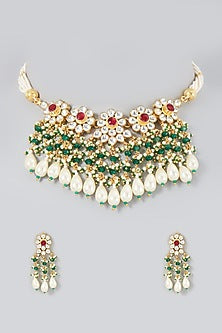 Gold Finish Kundan Polki & Pearl Choker Necklace Set