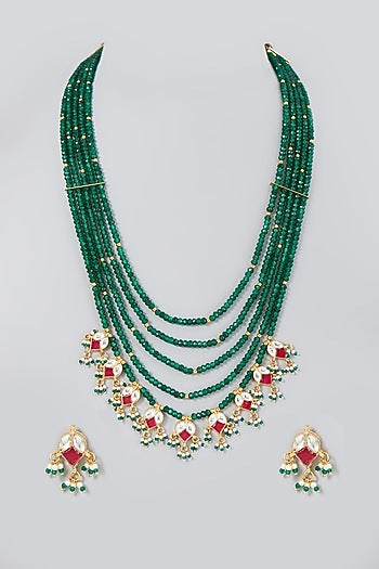 Gold Finish Kundan Polki & Beaded Green Enameled Long Necklace Set
