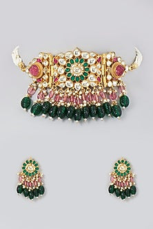 Gold Finish Kundan Polki & Pearl Beaded Choker Necklace Set