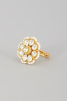Gold Finish Kundan Polki & Pearl Ring
