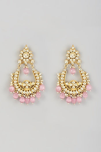 Gold Finish Kundan Polki & Pink Beaded Chandbali Earrings