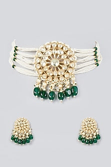 Gold Finish Zircon & Kundan Polki Beaded Choker Necklace Set