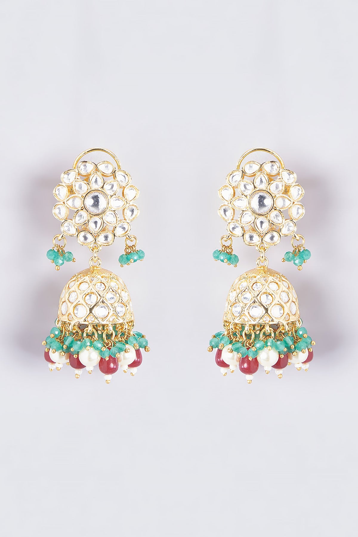 Gold Finish Kundan Polki & Multi-Colored Stone Jhumka Earrings