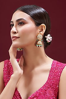Gold Finish Kundan Polki & Multi-Colored Stone Jhumka Earrings