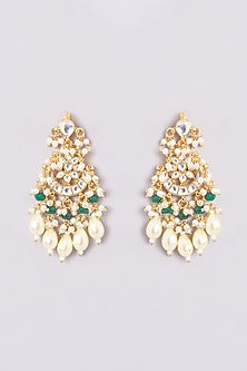 Gold Finish Kundan Polki & Green Stone Long Necklace Set