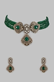 Gold Finish Kundan Polki & Emerald Stone Choker Necklace Set