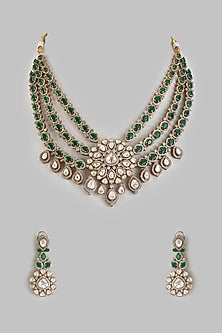 Gold Finish Kundan Polki & Emerald Stone Long Necklace Set