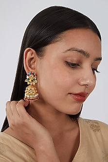 Gold Finish Kundan Polki & Pearl Jhumka Earrings
