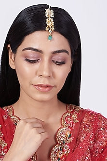 Gold Finish Kundan Polki & Blue Beaded Maang Tikka