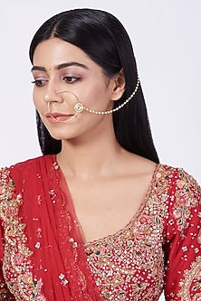 Gold Finish Kundan Polki & Pearl Nose Ring