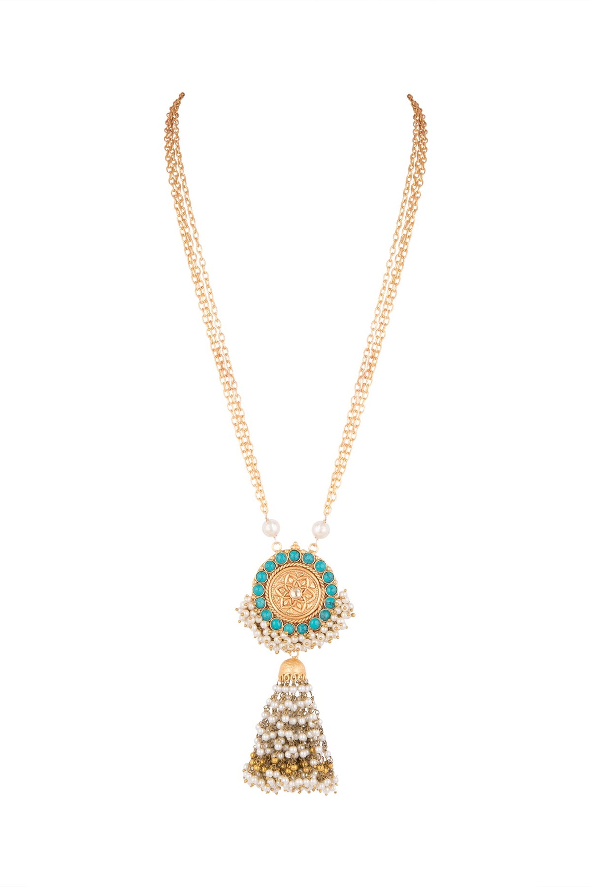 Gold Finish Faux Pearl & Turquoise Stone Chain Pendant Necklace