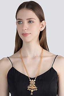 Gold Finish Faux Pearl & Blue Stone Chain Pendant Necklace