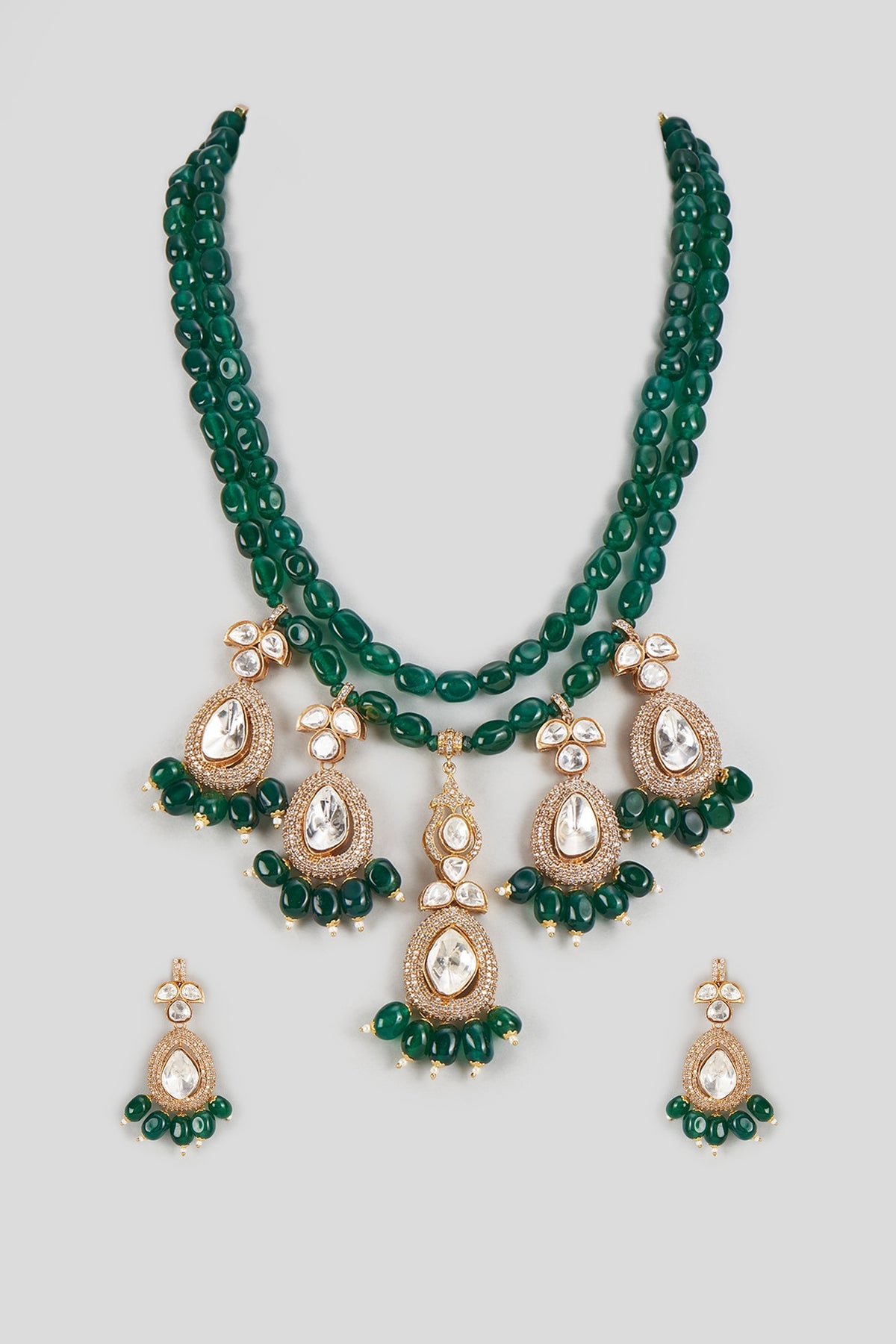 Gold Finish Kundan Polki & Green Stone Necklace Set