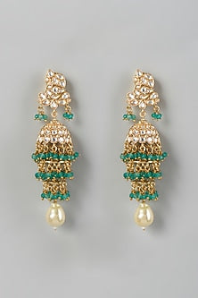 Gold Finish Kundan Polki & Green Drop Beaded Dangler Earrings