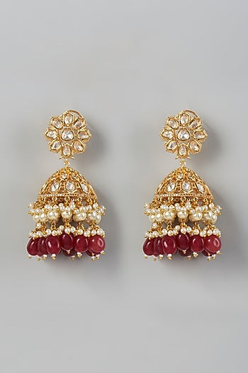 Gold Finish Kundan Polki & Red Beaded Dangler Earrings
