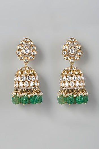 Gold Finish Kundan Polki & Green Drop Beaded Dangler Earrings