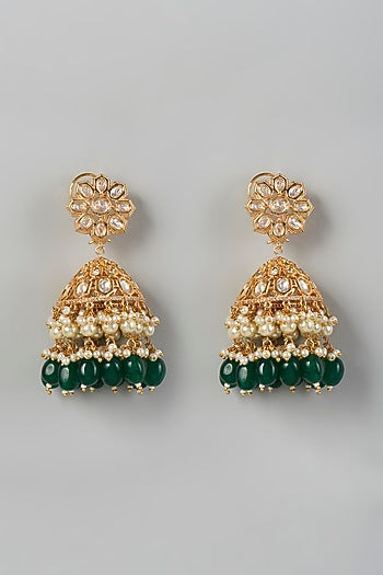 Gold Finish Kundan Polki & Green Beaded Dangler Earrings
