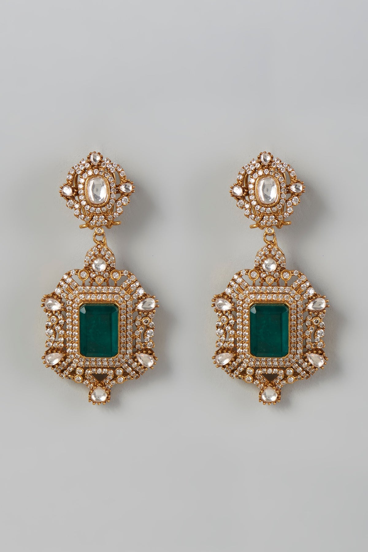Gold Finish Kundan Polki & Green Drop Dangler Earrings
