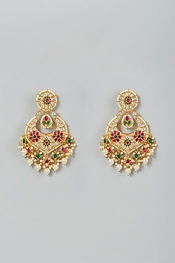 Gold Finish Multi-Colored Stone & Kundan Polki Chandbali Earrings
