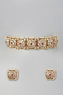Gold Finish Kundan Polki & Red Stone Choker Necklace Set