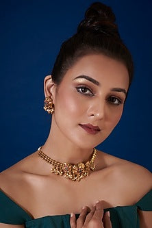 Gold Finish Synthetic Green & Red Stone Temple Choker Necklace Set