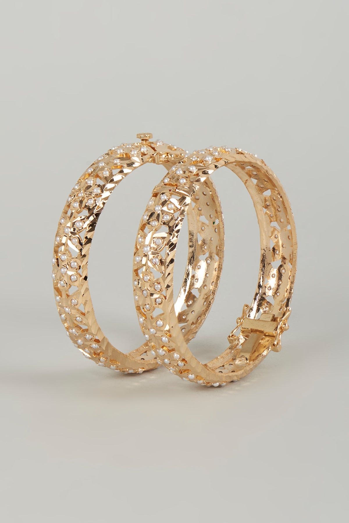 Gold Finish Kundan Polki & Beaded Bangles (Set of 2)