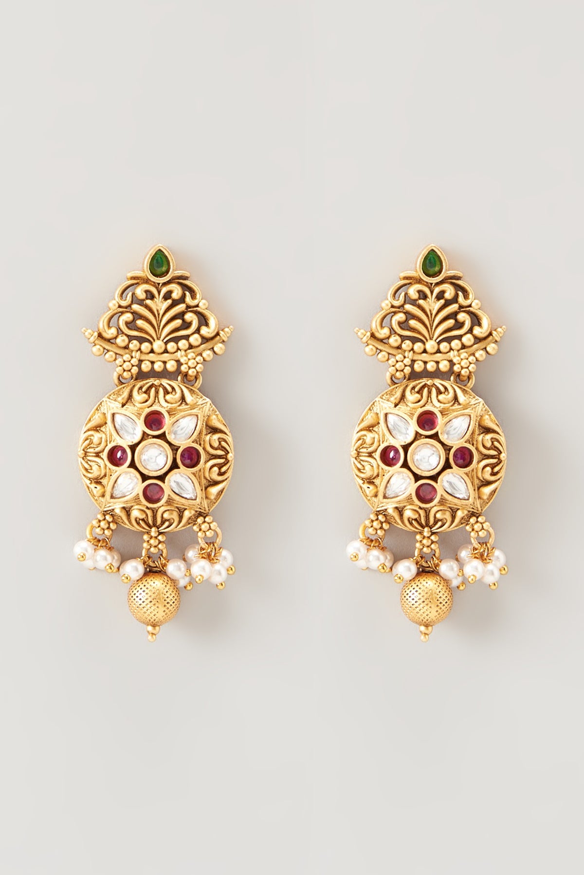 Gold Finish Kundan Polki & Pearl Long Temple Necklace Set