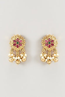 Gold Finish Ruby Synthetic Stone & Beaded Temple Choker Necklace Set
